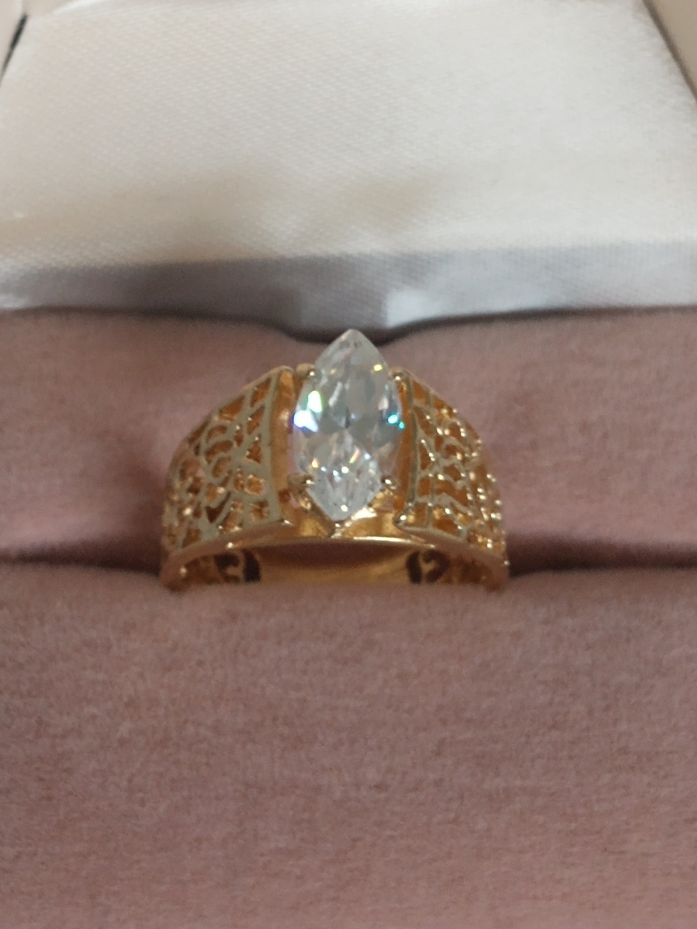 Vintage Gold Filigree Ring with Marquise Clear Stone - Elegant Women’s Jewelry